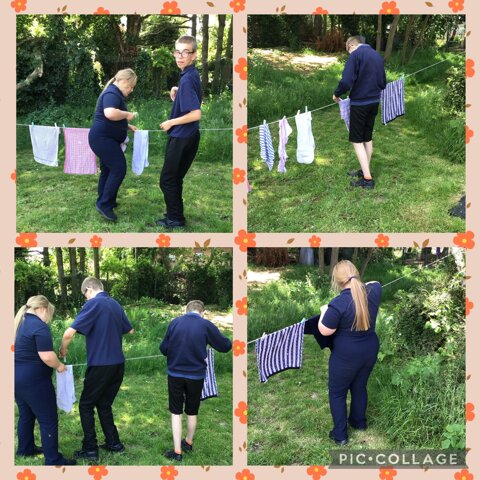 Image of Miss Jackson and 4M put the washing on the line as it’s such nice weather
